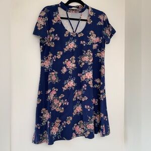 🎄🔥Blue Floral Pink Rose Short Sleeve Mini Dress